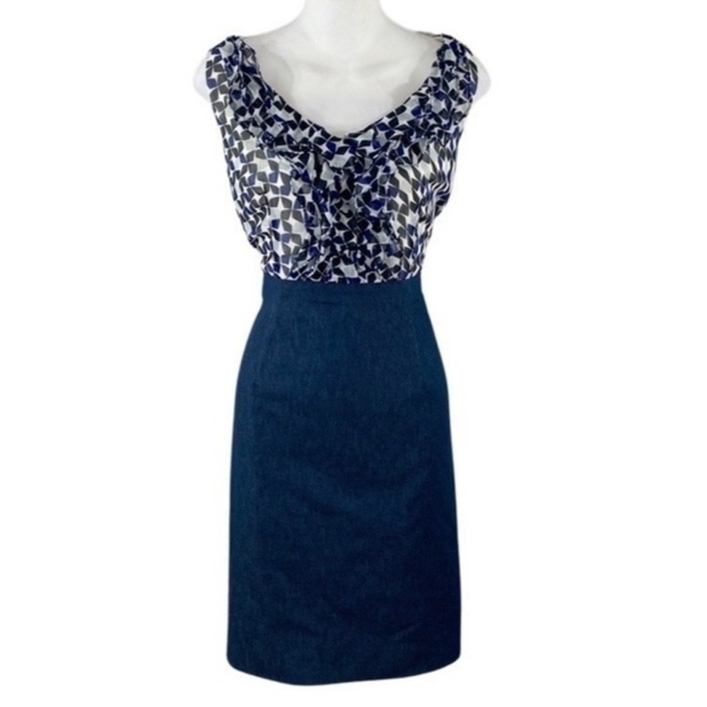Kay Unger white blue printed ruffle v-neck sleeveless sheath dress 12